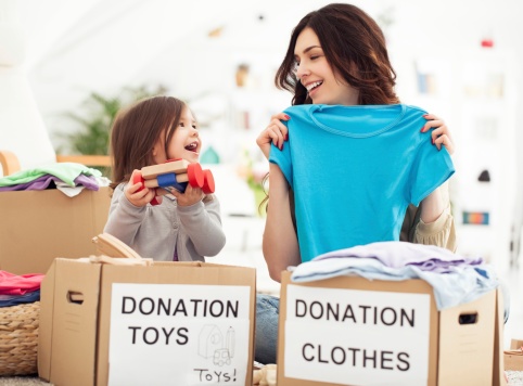 donation boxes of clothing and toys